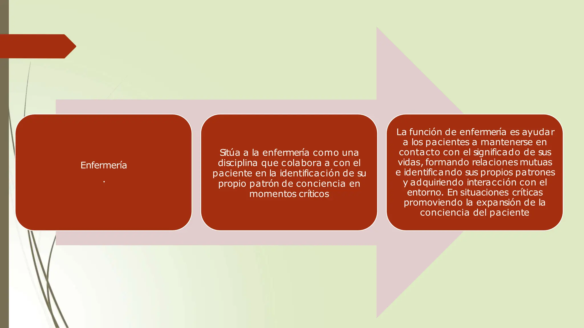 Enfermería
.
Sitúa a la enfermería como una
disciplina que colabora a con el
paciente en la identificación de su
propio patrón de conciencia en
momentos críticos
La función de enfermería es ayudar
a los pacientes a mantenerse en
contacto con el significado de sus
vidas, formando relaciones mutuas
e identificando sus propios patrones
y adquiriendo interacción con el
entorno. En situaciones críticas
promoviendo la expansión de la
conciencia del paciente
 
