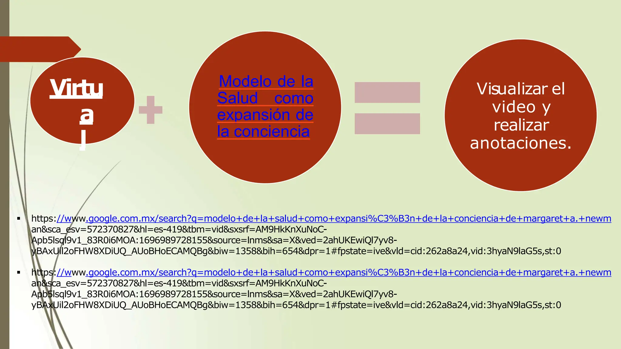 Virtu
a
l
Modelo de la
Salud como
expansión de
la conciencia
Visualizar el
video y
realizar
anotaciones.
 https://www.google.com.mx/search?q=modelo+de+la+salud+como+expansi%C3%B3n+de+la+conciencia+de+margaret+a.+newm
an&sca_esv=572370827&hl=es-419&tbm=vid&sxsrf=AM9HkKnXuNoC-
Apb5lsql9v1_83R0i6MOA:1696989728155&source=lnms&sa=X&ved=2ahUKEwiQl7yv8-
yBAxUil2oFHW8XDiUQ_AUoBHoECAMQBg&biw=1358&bih=654&dpr=1#fpstate=ive&vld=cid:262a8a24,vid:3hyaN9laG5s,st:0
 https://www.google.com.mx/search?q=modelo+de+la+salud+como+expansi%C3%B3n+de+la+conciencia+de+margaret+a.+newm
an&sca_esv=572370827&hl=es-419&tbm=vid&sxsrf=AM9HkKnXuNoC-
Apb5lsql9v1_83R0i6MOA:1696989728155&source=lnms&sa=X&ved=2ahUKEwiQl7yv8-
yBAxUil2oFHW8XDiUQ_AUoBHoECAMQBg&biw=1358&bih=654&dpr=1#fpstate=ive&vld=cid:262a8a24,vid:3hyaN9laG5s,st:0
 
