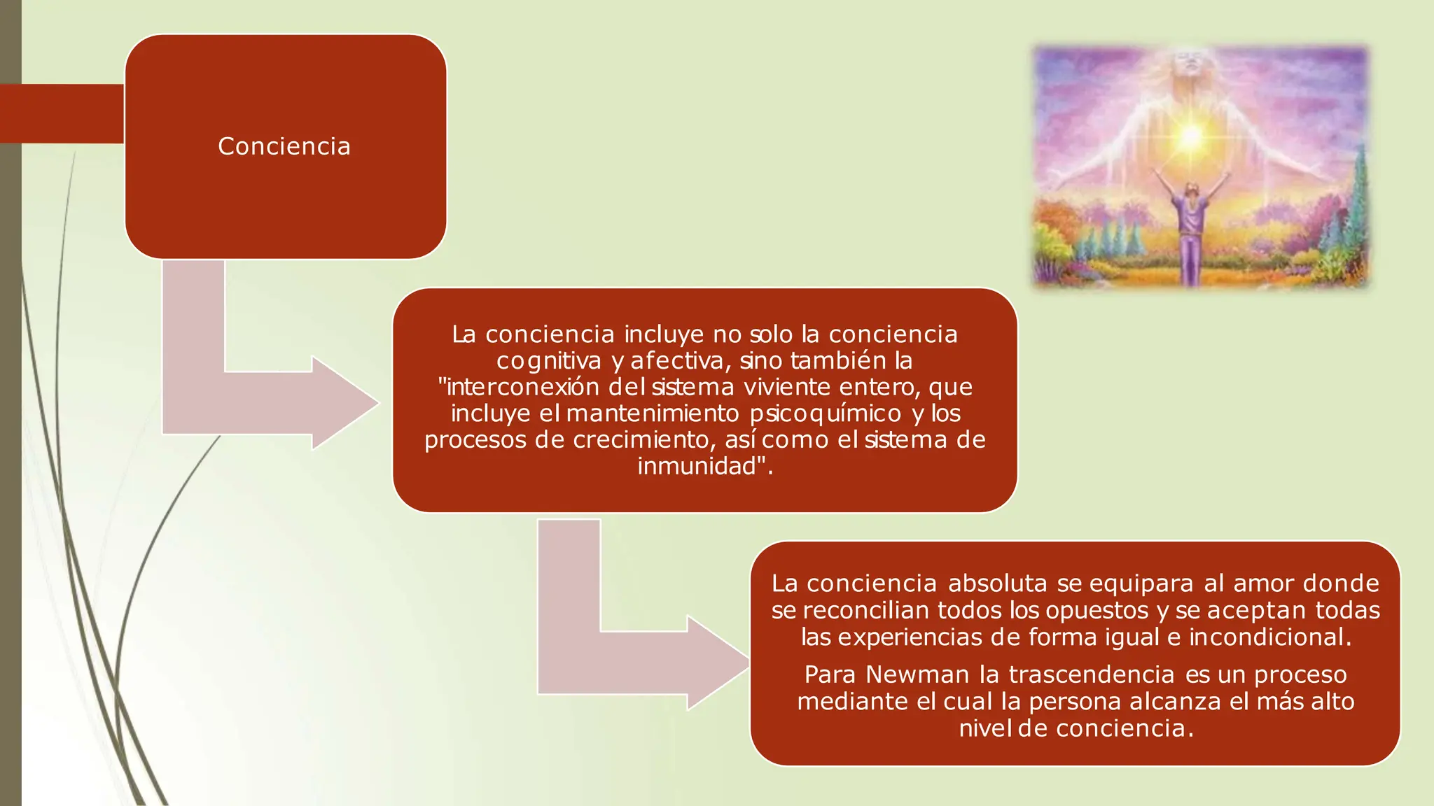 Conciencia
La conciencia incluye no solo la conciencia
cognitiva y afectiva, sino también la
"interconexión del sistema viviente entero, que
incluye el mantenimiento psicoquímico y los
procesos de crecimiento, así como el sistema de
inmunidad".
La conciencia absoluta se equipara al amor donde
se reconcilian todos los opuestos y se aceptan todas
las experiencias de forma igual e incondicional.
Para Newman la trascendencia es un proceso
mediante el cual la persona alcanza el más alto
nivel de conciencia.
 