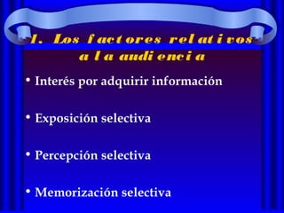1. Los f act ores rel at i vos
a l a audi enci a
• Interés por adquirir información
• Exposición selectiva
• Percepción selectiva
• Memorización selectiva
 