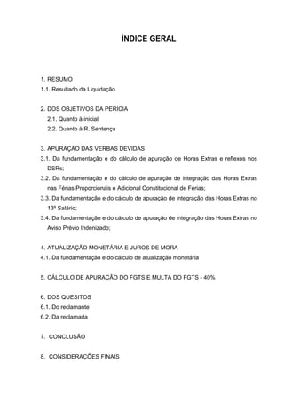 ÍNDICE GERAL




1. RESUMO
1.1. Resultado da Liquidação


2. DOS OBJETIVOS DA PERÍCIA
  2.1. Quanto à inicial
  2.2. Quanto à R. Sentença


3. APURAÇÃO DAS VERBAS DEVIDAS
3.1. Da fundamentação e do cálculo de apuração de Horas Extras e reflexos nos
  DSRs;
3.2. Da fundamentação e do cálculo de apuração de integração das Horas Extras
  nas Férias Proporcionais e Adicional Constitucional de Férias;
3.3. Da fundamentação e do cálculo de apuração de integração das Horas Extras no
  13º Salário;
3.4. Da fundamentação e do cálculo de apuração de integração das Horas Extras no
  Aviso Prévio Indenizado;


4. ATUALIZAÇÃO MONETÁRIA E JUROS DE MORA
4.1. Da fundamentação e do cálculo de atualização monetária


5. CÁLCULO DE APURAÇÃO DO FGTS E MULTA DO FGTS - 40%


6. DOS QUESITOS
6.1. Do reclamante
6.2. Da reclamada


7. CONCLUSÃO


8. CONSIDERAÇÕES FINAIS
 
