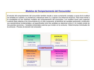 Modelos de Comportamiento del Consumidor
El estudio del comportamiento del consumidor también resulta a veces sumamente complejo a causa de la multitud
de variables en cuestión y su tendencia a interactuar entre sí y a ejercer una influencia recíproca. Para hacer frente a
la complejidad se han diseñado modelos del comportamiento del consumidor. Los modelos sirven para organizar
nuestras ideas relativas a los consumidores en un todo congruente, al identificar las variables pertinentes, al descubrir
sus características fundamentales y al especificarlas como las variables se relacionan entre sí. Un modelo consta de
tres grandes secciones:.- Variables ambientales externas que inciden en la conducta - Determinantes individuales de
la conducta - Proceso de decisión del comprador
 