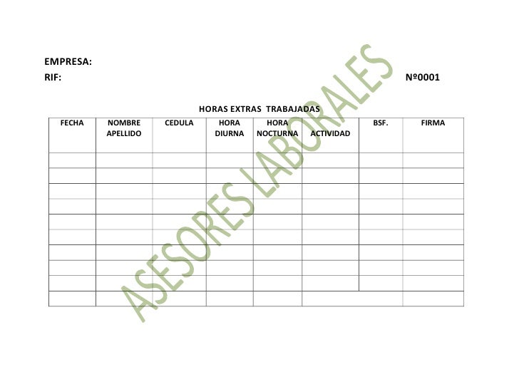 modelo de libro de horas extras formato de horas extras trabajadas