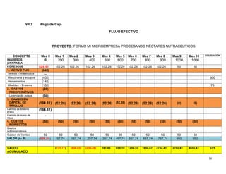 VII.3 Flujo de Caja
FLUJO EFECTIVO
PROYECTO: FORMO MI MICROEMPRESA PROCESANDO NÉCTARES NUTRACEUTICOS
16
CONCEPTO Mes 0 Mes 1 Mes 2 Mes 3 Mes 4 Mes 5 Mes 6 Mes 7 Mes 8 Mes 9 Mes 10 LIQUIDACIÓN
INGRESOS
(VENTAS)A
0 200 300 400 500 600 700 800 900 1000 1000
EGRESOSB 829.51 102.26 102.26 102.26 102.26 102.26 102.26 102.26 102.26 50 50
1. ACTIVO FIJO (645)
Terrenos e infraestructura --
Maquinaria y equipos (400) 300
Herramientas (145)
Muebles y Enseres (100) 75
2. GASTOS
PREOPERATIVOS
(30)
Licencia de avisos (30)
3. CAMBIO EN
CAPITAL DE
TRABAJO
(104.51) (52.26) (52.26) (52.26) (52.26) (52.26) (52.26) (52.26) (52.26) (0) (0)
Cambio de Materia
Prima
(104.51)
Cambio de mano de
Obra
-
4. COSTOS
INDIRECTOS
(50) (50) (50) (50) (50) (50) (50) (50) (50) (50) (50)
Gastos
Administrativos
Gastos de Ventas 50 50 50 50 50 50 50 50 50 50 50
SALDO (A- B) (829.51) 97.74 197.74 297.74 397.74 497.74 597.74 697.74 797.74 950 950
SALDO
ACUMULADO
(731.77) (534.03) (236.29) 161.45 659.19 1256.93 1954.67 2752.41 3702.41 4652.41 375
 