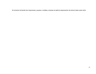 Al momento de liquidar las maquinarias y equipos, muebles y enseres se aplicó la depreciación de activos hasta cuatro años.
17
 