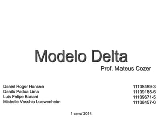 Modelo Delta
Daniel Roger Hansen
Danilo Padua Lima
Luis Felipe Bonani
Michelle Vecchio Loewenheim
11108489-3
11109185-6
11109671-5
11108457-0
Prof. Mateus Cozer
1 sem/ 2014
 