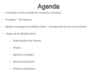 Agenda
• Introdução: A Necessidade de reinventar estratégia
• Princípios – The Haxions
• Opções estratégicas do Modelo Delta – Conseguindo Vinculo com o Cliente
• Etapas do do Modelo Delta:
• Segmentação dos clientes
• Missão
• Agenda estratégica
• Balanced Scorecard
• Processo Adaptativo
 