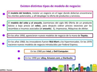El modelo del tendero, instalar un negocio en el lugar donde deberían encontrarse
los clientes potenciales, y allí desplegar la oferta de productos y servicios.
Existen distintos tipos de modelo de negocio:
El modelo del cebo y el anzuelo, (comienzos del siglo XX) Oferta de un producto
básico a bajo precio (el cebo), para después cobrar precios excesivos por los
recambios o insumos asociados (el anzuelo). Ej. Impresoras, Máquinas de afeitar.
En los 1980 por Intel, y Dell Computer.
En los años 1950, aparecieron nuevos modelos de negocio de la mano de Toyota.
En los años 1960, los innovadores fueron Wal-Mart y los hipermercados. En los 1970
nacieron nuevos modelos de negocio introducidos por Federal Express.
En los 1990 por eBay, Amazon.com, y Starbucks.
 