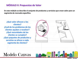 MÓDULO II: Propuestas de Valor
En este módulo se describe el conjunto de productos y servicios que crean valor para un
segmento de mercado específico.
¿Qué valor ofrecen a los
clientes?
¿Cuál de los problemas de los
clientes ayudan a resolver?
¿Qué necesidades de los
clientes se cumplen?
¿Qué paquetes de productos y
servicios se ofrece a cada
segmento de clientes?
 