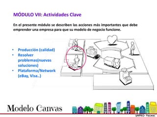 MÓDULO VII: Actividades Clave
• Producción (calidad)
• Resolver
problemas(nuevas
soluciones)
• Plataforma/Network
(eBay, Visa..)
En el presente módulo se describen las acciones más importantes que debe
emprender una empresa para que su modelo de negocio funcione.
 