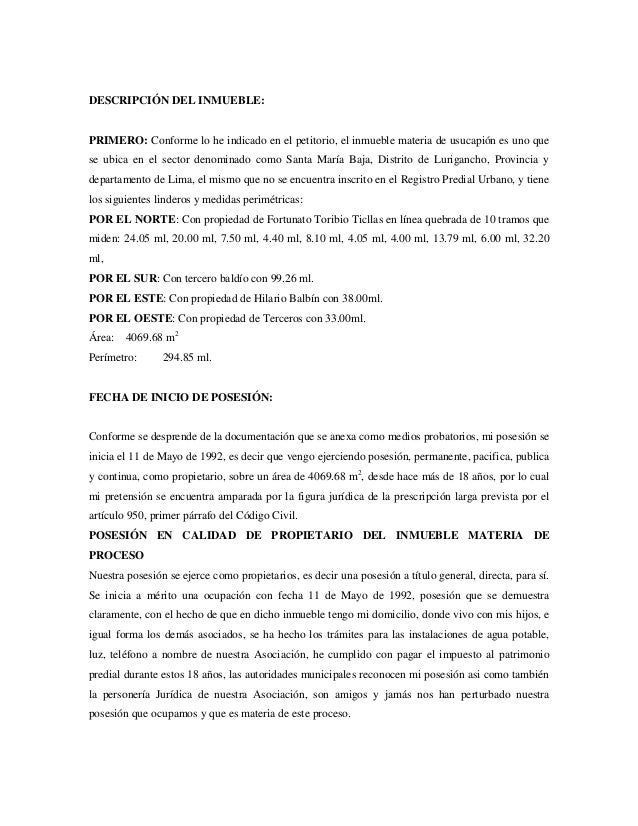 Modelo demanda prescripcion adquisitva de dominio bien 