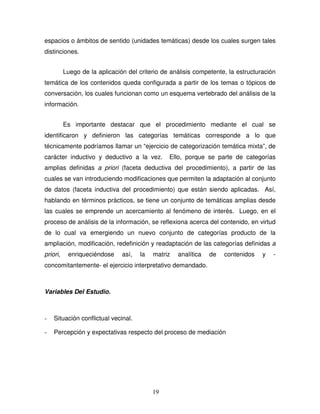 19
espacios o ámbitos de sentido (unidades temáticas) desde los cuales surgen tales
distinciones.
Luego de la aplicación del criterio de análisis competente, la estructuración
temática de los contenidos queda configurada a partir de los temas o tópicos de
conversación, los cuales funcionan como un esquema vertebrado del análisis de la
información.
Es importante destacar que el procedimiento mediante el cual se
identificaron y definieron las categorías temáticas corresponde a lo que
técnicamente podríamos llamar un “ejercicio de categorización temática mixta”, de
carácter inductivo y deductivo a la vez. Ello, porque se parte de categorías
amplias definidas a priori (faceta deductiva del procedimiento), a partir de las
cuales se van introduciendo modificaciones que permiten la adaptación al conjunto
de datos (faceta inductiva del procedimiento) que están siendo aplicadas. Así,
hablando en términos prácticos, se tiene un conjunto de temáticas amplias desde
las cuales se emprende un acercamiento al fenómeno de interés. Luego, en el
proceso de análisis de la información, se reflexiona acerca del contenido, en virtud
de lo cual va emergiendo un nuevo conjunto de categorías producto de la
ampliación, modificación, redefinición y readaptación de las categorías definidas a
priori, enriqueciéndose así, la matriz analítica de contenidos y -
concomitantemente- el ejercicio interpretativo demandado.
Variables Del Estudio.
- Situación conflictual vecinal.
- Percepción y expectativas respecto del proceso de mediación
 