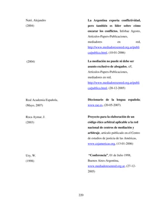 220
Nató, Alejandro
(2004)
(2004)
Real Academia Española,
(Mayo, 2007)
Roca Aymar, J.
(2003)
Ury, W.
(1998)
La Argentina exporta conflictividad,
pero también es líder sobre cómo
encarar los conflictos, Infobae Agosto,
Artículos-Papers-Publicaciones,
mediadores en red,
http://www.mediadoresenred.org.ar/publi
ca/publica.html, (10-01-2006)
La mediación no puede ni debe ser
asunto exclusivo de abogados, s/f,
Artículos-Papers-Publicaciones,
mediadores en red,
http://www.mediadoresenred.org.ar/publi
ca/publica.html, (20-12-2005)
Diccionario de la lengua española;
www.rae.es, (20-05-2007)
Proyecto para la elaboración de un
código ético arbitral aplicable a la red
nacional de centros de mediación y
arbitraje, artículo publicado en el Centro
de estudios de justicia de las Américas,
www.cejamericas.org, (13-01-2006)
“Conferencia”, 01 de Julio 1998,
Buenos Aires-Argentina,
www.mediadoresenred.org.ar, (27-12-
2005)
 