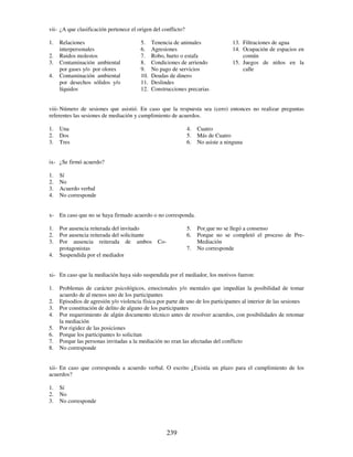 239
vii- ¿A que clasificación pertenece el origen del conflicto?
1. Relaciones
interpersonales
2. Ruidos molestos
3. Contaminación ambiental
por gases y/o por olores
4. Contaminación ambiental
por desechos sólidos y/o
líquidos
5. Tenencia de animales
6. Agresiones
7. Robo, hurto o estafa
8. Condiciones de arriendo
9. No pago de servicios
10. Deudas de dinero
11. Deslindes
12. Construcciones precarias
13. Filtraciones de agua
14. Ocupación de espacios en
común
15. Juegos de niños en la
calle
viii-Número de sesiones que asistió. En caso que la respuesta sea (cero) entonces no realizar preguntas
referentes las sesiones de mediación y cumplimiento de acuerdos.
1. Una
2. Dos
3. Tres
4. Cuatro
5. Más de Cuatro
6. No asiste a ninguna
ix- ¿Se firmó acuerdo?
1. Sí
2. No
3. Acuerdo verbal
4. No corresponde
x- En caso que no se haya firmado acuerdo o no corresponda.
1. Por ausencia reiterada del invitado
2. Por ausencia reiterada del solicitante
3. Por ausencia reiterada de ambos Co-
protagonistas
4. Suspendida por el mediador
5. Por que no se llegó a consenso
6. Porque no se completó el proceso de Pre-
Mediación
7. No corresponde
xi- En caso que la mediación haya sido suspendida por el mediador, los motivos fueron:
1. Problemas de carácter psicológicos, emocionales y/o mentales que impedían la posibilidad de tomar
acuerdo de al menos uno de los participantes
2. Episodios de agresión y/o violencia física por parte de uno de los participantes al interior de las sesiones
3. Por constitución de delito de alguno de los participantes
4. Por requerimiento de algún documento técnico antes de resolver acuerdos, con posibilidades de retomar
la mediación
5. Por rigidez de las posiciones
6. Porque los participantes lo solicitan
7. Porque las personas invitadas a la mediación no eran las afectadas del conflicto
8. No corresponde
xii- En caso que corresponda a acuerdo verbal. O escrito ¿Existía un plazo para el cumplimiento de los
acuerdos?
1. Sí
2. No
3. No corresponde
 