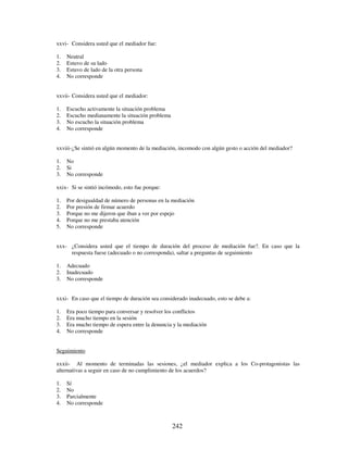 242
xxvi- Considera usted que el mediador fue:
1. Neutral
2. Estuvo de su lado
3. Estuvo de lado de la otra persona
4. No corresponde
xxvii- Considera usted que el mediador:
1. Escucho activamente la situación problema
2. Escucho medianamente la situación problema
3. No escucho la situación problema
4. No corresponde
xxviii-¿Se sintió en algún momento de la mediación, incomodo con algún gesto o acción del mediador?
1. No
2. Si
3. No corresponde
xxix- Si se sintió incómodo, esto fue porque:
1. Por desigualdad de número de personas en la mediación
2. Por presión de firmar acuerdo
3. Porque no me dijeron que iban a ver por espejo
4. Porque no me prestaba atención
5. No corresponde
xxx- ¿Considera usted que el tiempo de duración del proceso de mediación fue?. En caso que la
respuesta fuese (adecuado o no corresponda), saltar a preguntas de seguimiento
1. Adecuado
2. Inadecuado
3. No corresponde
xxxi- En caso que el tiempo de duración sea considerado inadecuado, esto se debe a:
1. Era poco tiempo para conversar y resolver los conflictos
2. Era mucho tiempo en la sesión
3. Era mucho tiempo de espera entre la denuncia y la mediación
4. No corresponde
Seguimiento
xxxii- Al momento de terminadas las sesiones, ¿el mediador explica a los Co-protagonistas las
alternativas a seguir en caso de no cumplimiento de los acuerdos?
1. Sí
2. No
3. Parcialmente
4. No corresponde
 
