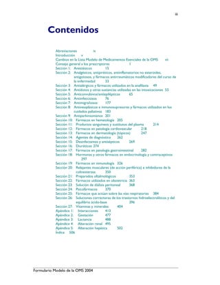 Formulario Modelo de la OMS 2004
iii
Contenidos
Abreviaciones iv
Introducción v
Cambios en la Lista Modelo de Medicamentos Esenciales de la OMS vii
Consejo general a los prescriptores 1
Sección 1: Anestésicos 15
Sección 2: Analgésicos, antipiréticos, antiinflamatorios no esteroides,
antigotosos, y fármacos antirreumáticos modificadores del curso de
la enfermedad 33
Sección 3: Antialérgicos y fármacos utilizados en la anafilaxia 49
Sección 4: Antídotos y otras sustancias utilizadas en las intoxicaciones 55
Sección 5: Anticonvulsivos/antiepilépticos 65
Sección 6: Antiinfecciosos 76
Sección 7: Antimigrañosos 177
Sección 8: Antineoplásicos e inmunosupresores y fármacos utilizados en los
cuidados paliativos 183
Sección 9: Antiparkinsonianos 201
Sección 10: Fármacos en hematología 205
Sección 11: Productos sanguíneos y sustitutos del plasma 214
Sección 12: Fármacos en patología cardiovascular 218
Sección 13: Fármacos en dermatología (tópicos) 247
Sección 14: Agentes de diagnóstico 262
Sección 15: Desinfectantes y antisépticos 269
Sección 16: Diuréticos 274
Sección 17: Fármacos en patología gastrointestinal 282
Sección 18: Hormonas y otros fármacos en endocrinología y contraceptivos
297
Sección 19: Fármacos en inmunología 326
Sección 20: Relajantes musculares (de acción periférica) e inhibidores de la
colinesterasa 350
Sección 21: Preparados oftalmológicos 353
Sección 22: Fármacos utilizados en obstetricia 363
Sección 23: Solución de diálisis peritoneal 368
Sección 24: Psicofármacos 370
Sección 25: Fármacos que actúan sobre las vías respiratorias 384
Sección 26: Soluciones correctoras de los trastornos hidroelectrolíticos y del
equilibrio ácido-base 396
Sección 27: Vitaminas y minerales 404
Apéndice 1: Interacciones 413
Apéndice 2: Gestación 477
Apéndice 3: Lactancia 488
Apéndice 4: Alteración renal 495
Apéndice 5: Alteración hepática 502
Índice 506
 