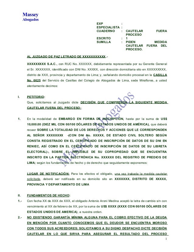 Modelo De Medida Cautelar De Embargo En Forma De Inscripcion Fuera De