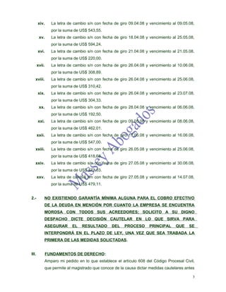 xiv.      La letra de cambio s/n con fecha de giro 09.04.08 y vencimiento al 09.05.08,
                 por la suma de US$ 543,55.
        xv.      La letra de cambio s/n con fecha de giro 18.04.08 y vencimiento al 25.05.08,
                 por la suma de US$ 594,24.
       xvi.      La letra de cambio s/n con fecha de giro 21.04.08 y vencimiento al 21.05.08,
                 por la suma de US$ 220,00.
       xvii.     La letra de cambio s/n con fecha de giro 26.04.08 y vencimiento al 10.06.08,
                 por la suma de US$ 308,89.
   xviii.        La letra de cambio s/n con fecha de giro 26.04.08 y vencimiento al 25.06.08,
                 por la suma de US$ 310,42.
       xix.      La letra de cambio s/n con fecha de giro 26.04.08 y vencimiento al 23.07.08,
                 por la suma de US$ 304,33.
        xx.      La letra de cambio s/n con fecha de giro 28.04.08 y vencimiento al 06.06.08,
                 por la suma de US$ 192,50.
       xxi.      La letra de cambio s/n con fecha de giro 09.05.08 y vencimiento al 08.06.08,
                 por la suma de US$ 462,01.
       xxii.     La letra de cambio s/n con fecha de giro 17.05.08 y vencimiento al 16.06.08,
                 por la suma de US$ 547,00.
   xxiii.        La letra de cambio s/n con fecha de giro 26.05.08 y vencimiento al 25.06.08,
                 por la suma de US$ 418,66.
   xxiv.         La letra de cambio s/n con fecha de giro 27.05.08 y vencimiento al 30.06.08,
                 por la suma de US$ 472,03.
       xxv.      La letra de cambio s/n con fecha de giro 27.05.08 y vencimiento al 14.07.08,
                 por la suma de US$ 479,11.


2.-        NO EXISTIENDO GARANTÍA MÍNIMA ALGUNA PARA EL COBRO EFECTIVO
           DE LA DEUDA EN MENCIÓN POR CUANTO LA EMPRESA SE ENCUENTRA
           MOROSA CON TODOS SUS ACREEDORES; SOLICITO A SU DIGNO
           DESPACHO DICTE DECISIÒN CAUTELAR EN LO QUE SIRVA PARA
           ASEGURAR         EL   RESULTADO       DEL    PROCESO      PRINCIPAL      QUE    SE
           INTERPONDRÁ EN EL PLAZO DE LEY, UNA VEZ QUE SEA TRABADA LA
           PRIMERA DE LAS MEDIDAS SOLICTADAS.


III.           FUNDAMENTOS DE DERECHO:
              Amparo mi pedido en lo que establece el artículo 608 del Código Procesal Civil,
              que permite al magistrado que conoce de la causa dictar medidas cautelares antes

                                                                                             3
 
