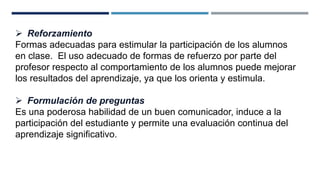  Reforzamiento 
Formas adecuadas para estimular la participación de los alumnos 
en clase. El uso adecuado de formas de refuerzo por parte del 
profesor respecto al comportamiento de los alumnos puede mejorar 
los resultados del aprendizaje, ya que los orienta y estimula. 
 Formulación de preguntas 
Es una poderosa habilidad de un buen comunicador, induce a la 
participación del estudiante y permite una evaluación continua del 
aprendizaje significativo. 
 