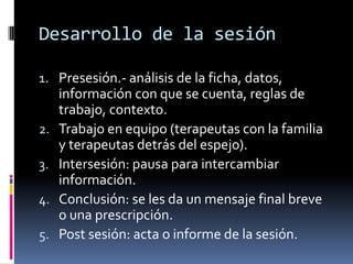 Desarrollo de la sesión

1. Presesión.- análisis de la ficha, datos,
     información con que se cuenta, reglas de
     trabajo, contexto.
2.   Trabajo en equipo (terapeutas con la familia
     y terapeutas detrás del espejo).
3.   Intersesión: pausa para intercambiar
     información.
4.   Conclusión: se les da un mensaje final breve
     o una prescripción.
5.   Post sesión: acta o informe de la sesión.
 