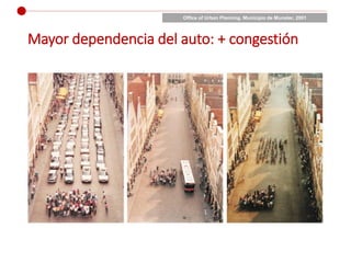 Mayor dependencia del auto: + congestión
Office of Urban Planning. Municipio de Munster, 2001
 