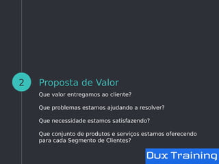 Proposta de Valor
Que valor entregamos ao cliente?
Que problemas estamos ajudando a resolver?
Que necessidade estamos satisfazendo?
Que conjunto de produtos e serviços estamos oferecendo
para cada Segmento de Clientes?
2
 