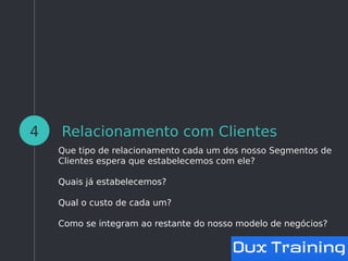 Relacionamento com Clientes
Que tipo de relacionamento cada um dos nosso Segmentos de
Clientes espera que estabelecemos com ele?
Quais já estabelecemos?
Qual o custo de cada um?
Como se integram ao restante do nosso modelo de negócios?
4
 