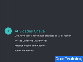 Atividades Chave
Que Atividades Chave nosso proposta de valor requer
Nossos Canais de Distribuição?
Relacionamento com Clientes?
Fontes de Receita?
7
 