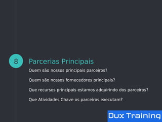 Parcerias Principais
Quem são nossos principais parceiros?
Quem são nossos fornecedores principais?
Que recursos principais estamos adquirindo dos parceiros?
Que Atividades Chave os parceiros executam?
8
 