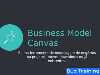 Business Model
Canvas
É uma ferramenta de modelagem de negócios
ou projetos: novos, inovadores ou já
existentes.
 
