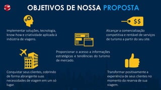 OBJETIVOS DE NOSSA PROPOSTA
Implementar soluções, tecnologia,
know-how e criatividade aplicada à
indústria de viagens.
Conquistar seus clientes, cobrindo
de forma abrangente suas
necessidades de viagem em um só
lugar.
Alcançar a comercialização
competitiva e rentável de serviços
de turismo a partir do seu site.
Transformar positivamente a
experiência de seus clientes no
momento da reserva de sua
viagem.
Proporcionar o acesso a informações
estratégicas e tendências do turismo
de mercado.
 