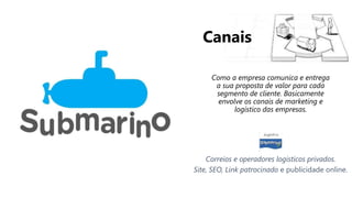 Como a empresa comunica e entrega
a sua proposta de valor para cada
segmento de cliente. Basicamente
envolve os canais de marketing e
logístico das empresas.
Correios e operadores logísticos privados.
Site, SEO, Link patrocinado e publicidade online.
Canais
 