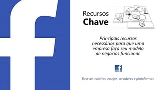 Principais recursos
necessários para que uma
empresa faça seu modelo
de negócios funcionar.
Base de usuários, equipe, servidores e plataformas.
Recursos
Chave
 