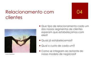 Relacionamento com                             04
clientes
                   Que tipo de relacionamento cada um
                    dos nossos segmentos de clientes
                    esperam que estabeleçamos com
                    eles?

                   Quais já estabelecemos?

                   Qual o custo de cada um?

                   Como se integram ao restante do
Fonte: Daridawn     nosso modelo de negócios?
 