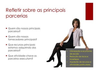 Refletir sobre as principais
parcerias

 Quem são nossos principais
  parceiros?

 Quem são nossos
  fornecedores principais?

 Que recursos principais
  estamos adquirindo dos
  parceiros?                   •   Otimização e economia
                                   de escala
 Que atividade-chave os       •   Redução de riscos e
  parceiros executam?              incertezas
                               •   Aquisição de recursos e
                                   atividades particulares
 