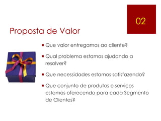 02
Proposta de Valor
        Que valor entregamos ao cliente?

        Qual problema estamos ajudando a
         resolver?

        Que necessidades estamos satisfazendo?

        Que conjunto de produtos e serviços
         estamos oferecendo para cada Segmento
         de Clientes?
 