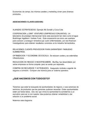 Economías de campo, los mismos canales y marketing sirven para diversos
productos.
ASOCIACIONES CLAVES (SOCIOS)
ALIANZAS ESTRATEGICAS: Ejemplo Mc Donald y Coca Cola
COOPERACION y JOINT VENTURES (EMPRESAS CONJUNTAS). Un
laboratorio de prestigio internacional tiene esta asociación tan clara como el agua:
Boehringer Ingelheim Venture Fund. Esta cooperación es como una aventura
para conocer y conseguir remedios que curen enfermedades, por eso financian
investigadores para obtener resultados concretos en la industria farmacéutica.
RELACIONES CLIENTE-PROVEEDOR PARA GARANTIZAR FIABILIDAD
SUMINISTROS.
OPTIMIZACION Y ECONOMIA DE ESCALA. Se reducen costes y se externaliza
infraestructura.
REDUCCION DE RIESGO E INCERTIDUMBRE. Blu-Ray fue desarrollado por
varias empresas en forma conjunta pero se vende por separado.
COMPRA DE RECURSOS Y ACTIVIDADES. Asegurado contrata a agente de
seguros a comisión. Comprar una licencia para un sistema operativo.
¿QUE HACEMOS CON TODO ESTO?
Tenemos que estar la búsqueda de oportunidades de negocio, o sea carencias de
servicios, de productos que las personas pudieran necesitar. Estas oportunidades
están por todos lados. Una vez que vimos la oportunidad la sometemos a un
escrutinio para ver si con nuestra idea podemos obtener rentabilidad o dar
solución a un problema social.
Notemos este diagrama:
 