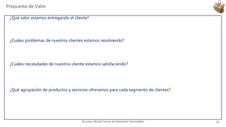 Business Model Canvas de Alexander Osterwalder
¿Qué valor estamos entregando el cliente?
Propuesta de Valor
¿Cuáles problemas de nuestros clientes estamos resolviendo?
¿Cuáles necesidades de nuestros cliente estamos satisfaciendo?
¿Qué agrupación de productos y servicios ofrecemos para cada segmento de clientes?
16
 