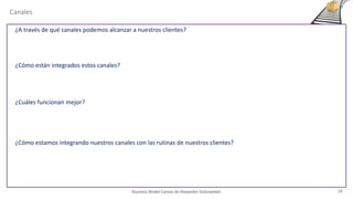 Business Model Canvas de Alexander Osterwalder
¿A través de qué canales podemos alcanzar a nuestros clientes?
Canales
¿Cómo están integrados estos canales?
¿Cuáles funcionan mejor?
¿Cómo estamos integrando nuestros canales con las rutinas de nuestros clientes?
19
 