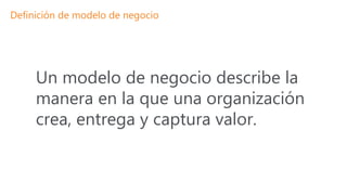 Definición de modelo de negocio
Un modelo de negocio describe la
manera en la que una organización
crea, entrega y captura valor.
 