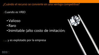 ¿Cuándo el recurso se convierte en una ventaja competitiva?
Cuando es VRIO
•Valioso
•Raro
•Inimitable (alto costo de imitación)
… y es explotado por la empresa
30
 