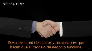 Alianzas clave
Describe la red de aliados y proveedores que
hacen que el modelo de negocio funcione. 34
 
