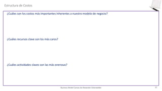 Business Model Canvas de Alexander Osterwalder
Estructura de Costos
¿Cuáles son los costos más importantes inherentes a nuestro modelo de negocio?
¿Cuáles recursos clave son los más caros?
¿Cuáles actividades claves son las más onerosas?
37
 