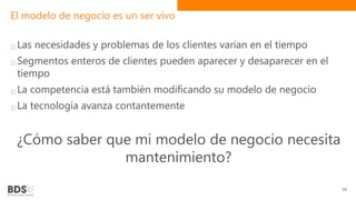 El modelo de negocio es un ser vivo
Las necesidades y problemas de los clientes varían en el tiempo
Segmentos enteros de clientes pueden aparecer y desaparecer en el
tiempo
La competencia está también modificando su modelo de negocio
La tecnología avanza contantemente
¿Cómo saber que mi modelo de negocio necesita
mantenimiento?
39
 