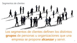 Segmentos de clientes
9
Los segmentos de clientes definen los distintos
grupos de personas u organizaciones que una
empresa se propone alcanzar y servir.
 