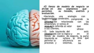 •El lienzo de modelo de negocio se
divide en dos segmentos que
permiten su llenado, análisis y
evaluación.
•Haciendo una analogía con
los hemisferios cerebrales.
• El lado
derecho
información relacionada
comprende la
con las
emociones; si vemos el
modelo,
esta
que
ofrece
área está referida al valor
a sus clientes.
• El lado izquierdo del
cerebro
está
relacionado con la lógica y en el
lienzo de modelo de negocio, la parte
refiere al área que
en
los
izquierda se
permite la
procesos y
eficiencia
sistemas.
 