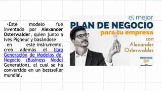 •Este modelo fue
inventado por Alexander
Osterwalder, quien junto a
Ives Pigneur y basándose
en este instrumento,
creó además el libro
Generación de Modelos de
Negocio (Business Model
Generation), el cual se ha
convertido en un bestseller
mundial.
 