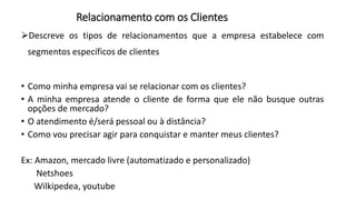 Descreve os tipos de relacionamentos que a empresa estabelece com
segmentos específicos de clientes
• Como minha empresa vai se relacionar com os clientes?
• A minha empresa atende o cliente de forma que ele não busque outras
opções de mercado?
• O atendimento é/será pessoal ou à distância?
• Como vou precisar agir para conquistar e manter meus clientes?
Ex: Amazon, mercado livre (automatizado e personalizado)
Netshoes
Wilkipedea, youtube
Relacionamento com os Clientes
 