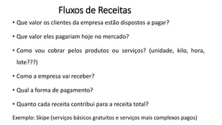 • Que valor os clientes da empresa estão dispostos a pagar?
• Que valor eles pagariam hoje no mercado?
• Como vou cobrar pelos produtos ou serviços? (unidade, kilo, hora,
lote???)
• Como a empresa vai receber?
• Qual a forma de pagamento?
• Quanto cada receita contribui para a receita total?
Exemplo: Skipe (serviços básicos gratuitos e serviços mais complexos pagos)
Fluxos de Receitas
 
