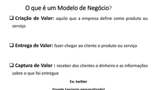O que é um Modelo de Negócio?
 Criação de Valor: aquilo que a empresa define como produto ou
serviço
 Entrega de Valor: fazer chegar ao cliente o produto ou serviço
 Captura de Valor : receber dos clientes o dinheiro e as informações
sobre o que foi entregue
Ex: twitter
 